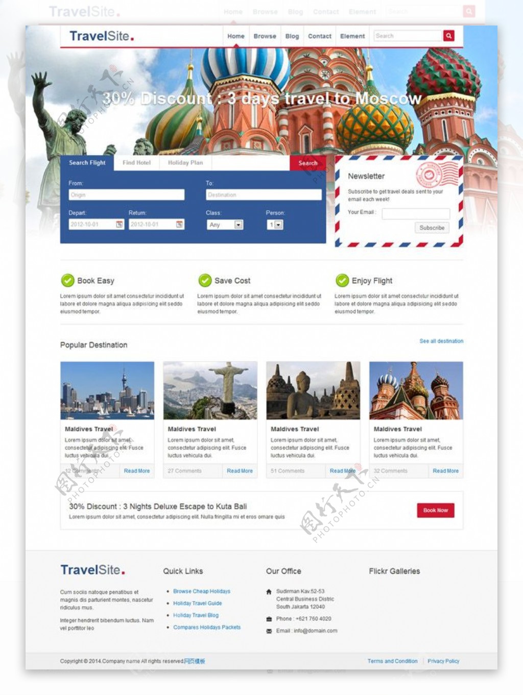 简洁的国外旅游酒店预定网站模板