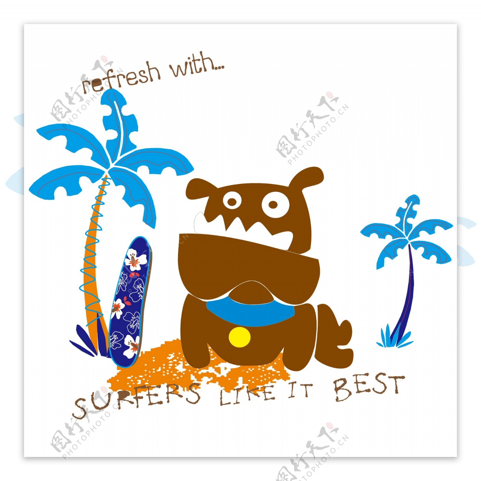 印花矢量图婴童卡通动物椰树蓝色免费素材