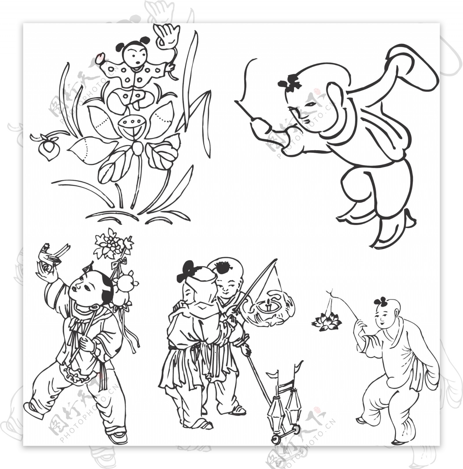 古代童子白描图