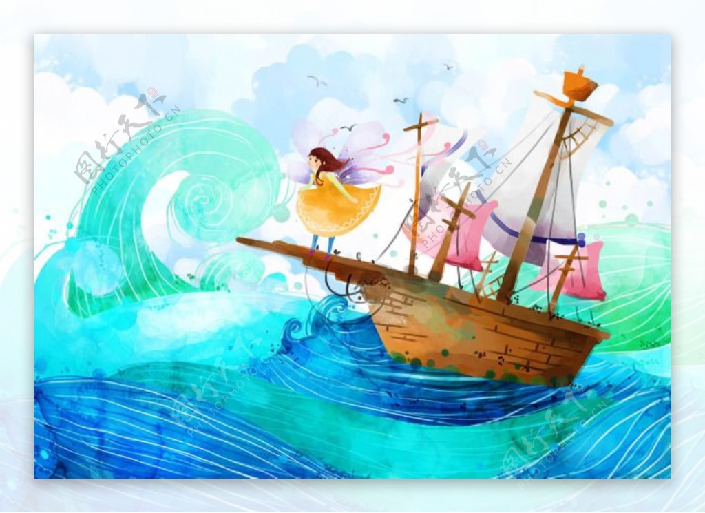 女孩与海面上的船插画