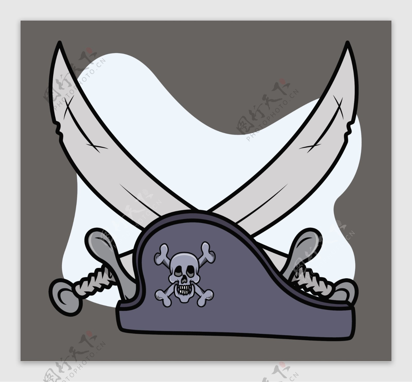 海盗船长的帽子与交叉的剑卡通插画矢量