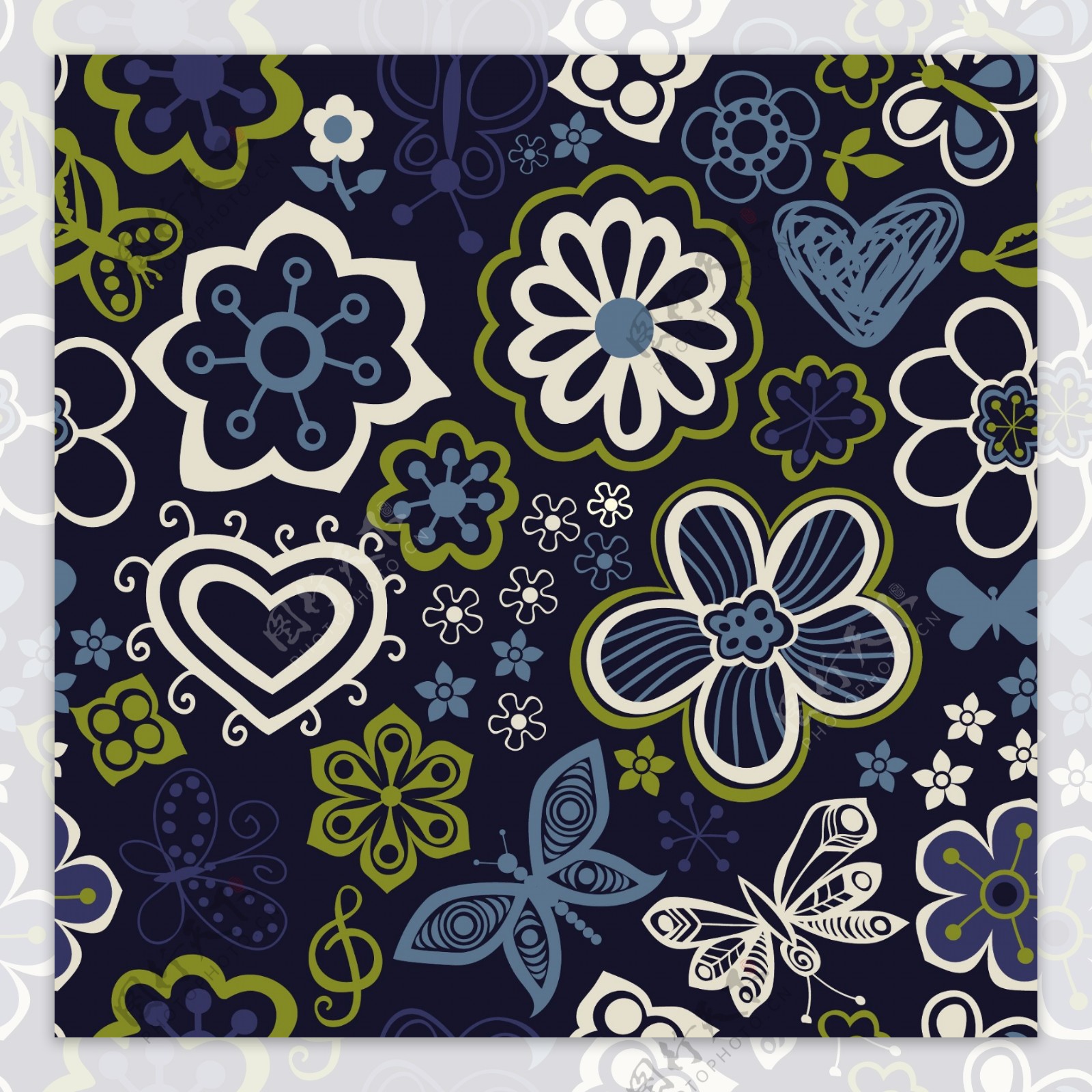 用鲜花和蝴蝶无尽的花卉图案的无缝纹理