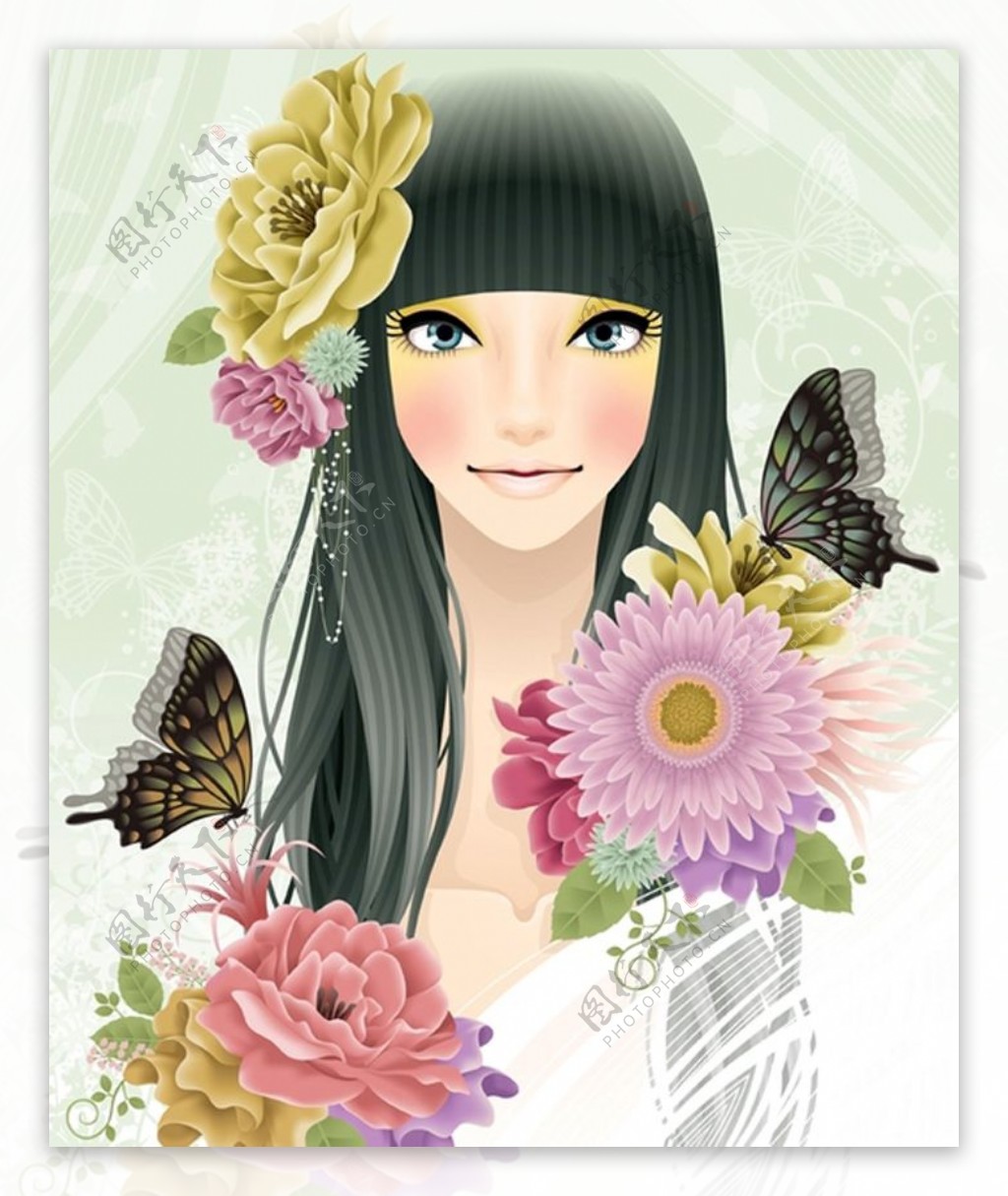 位图人物女孩蝴蝶花朵免费素材