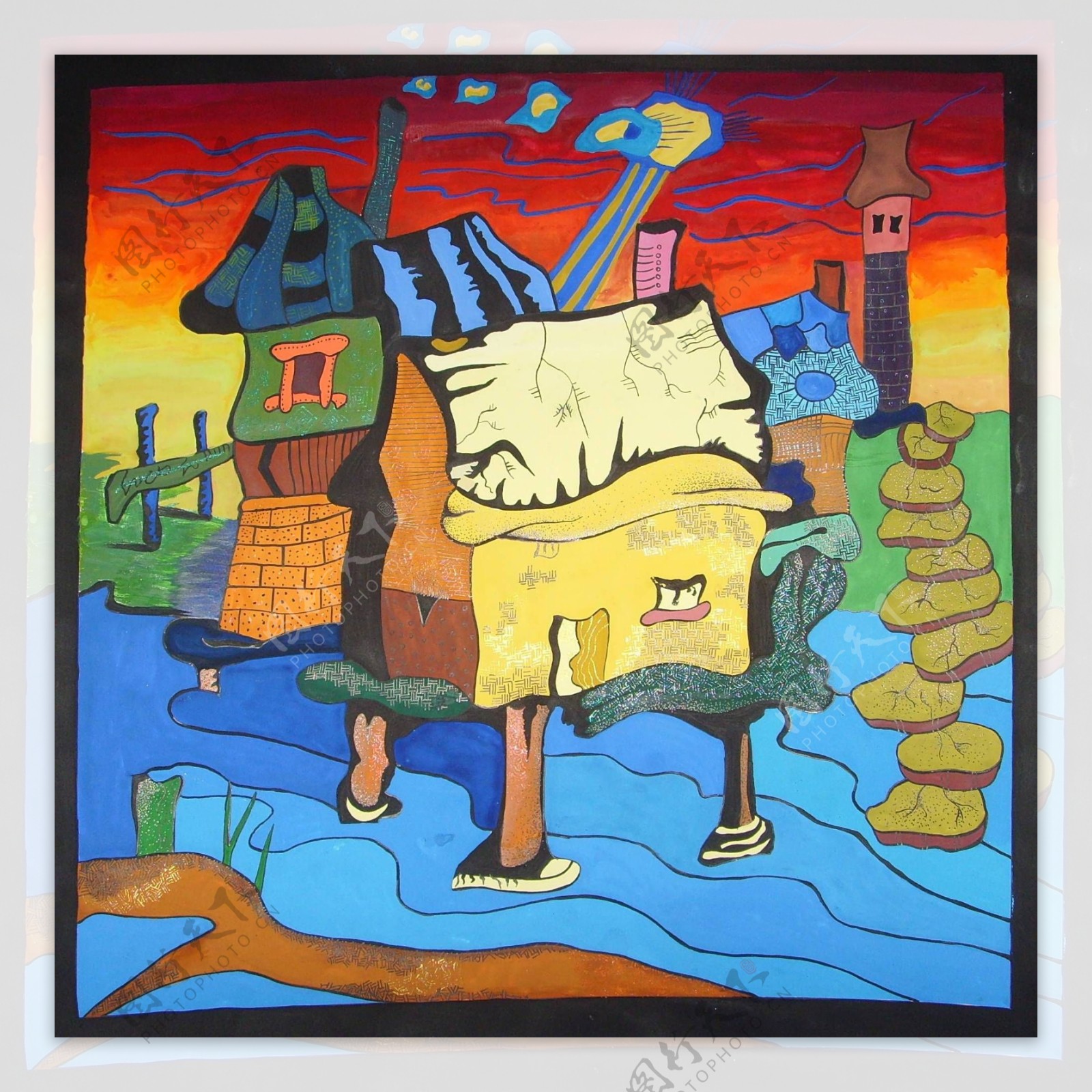 手绘装饰色彩水上小房子