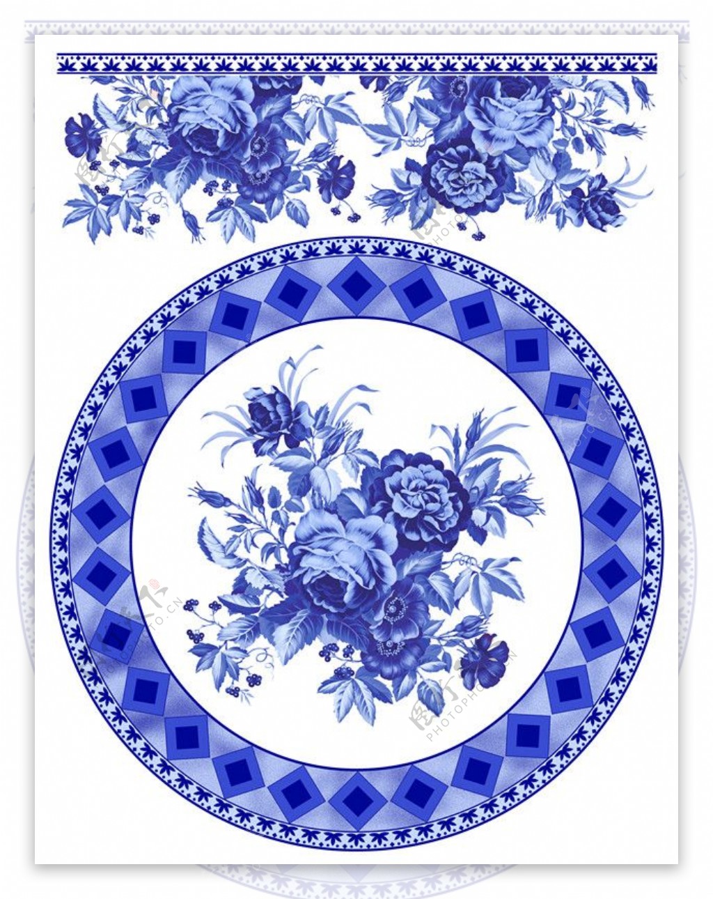 蓝色牡丹花青花瓷图案