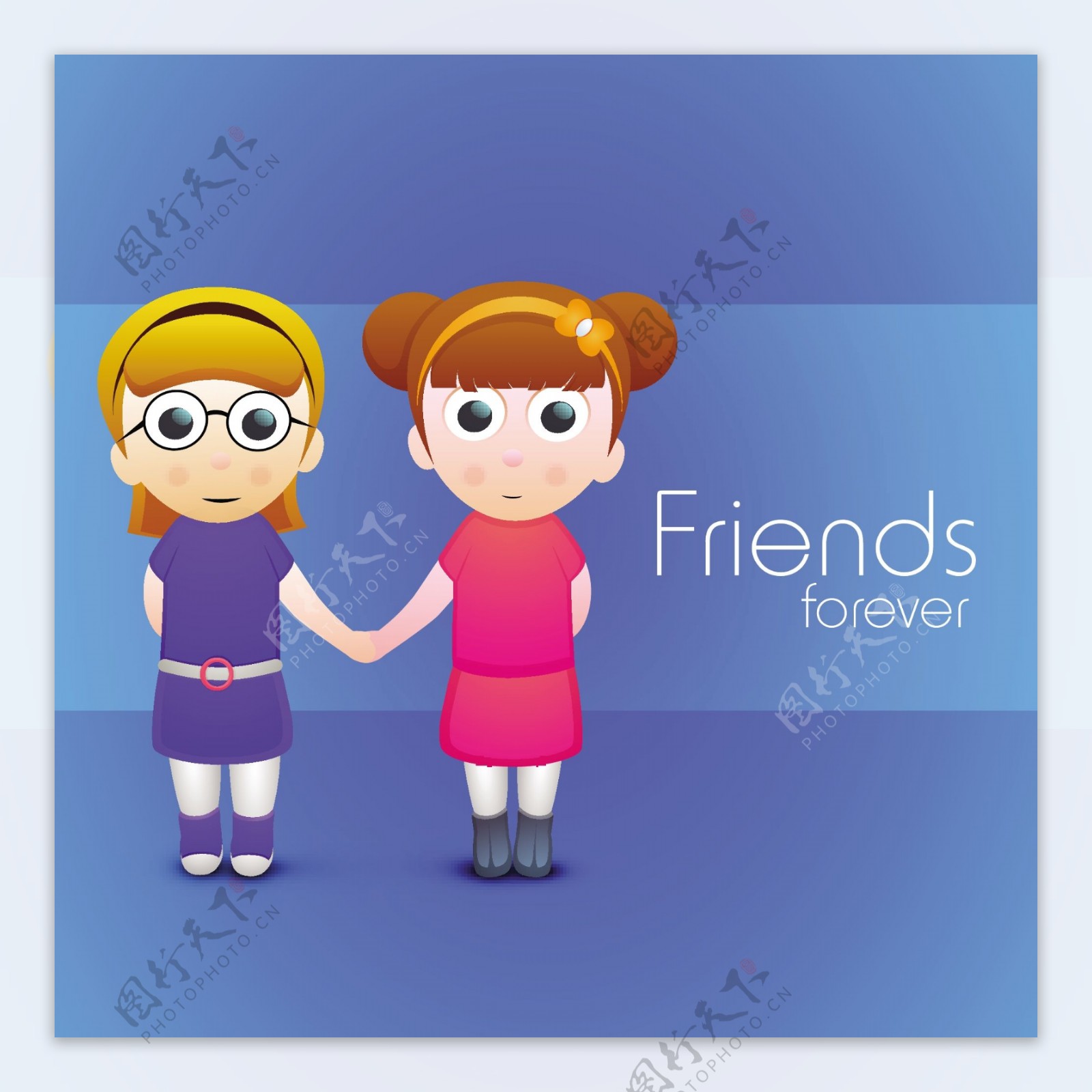 情人节快乐的概念有两个可爱的女孩牵着彼此的手在蓝色的背景