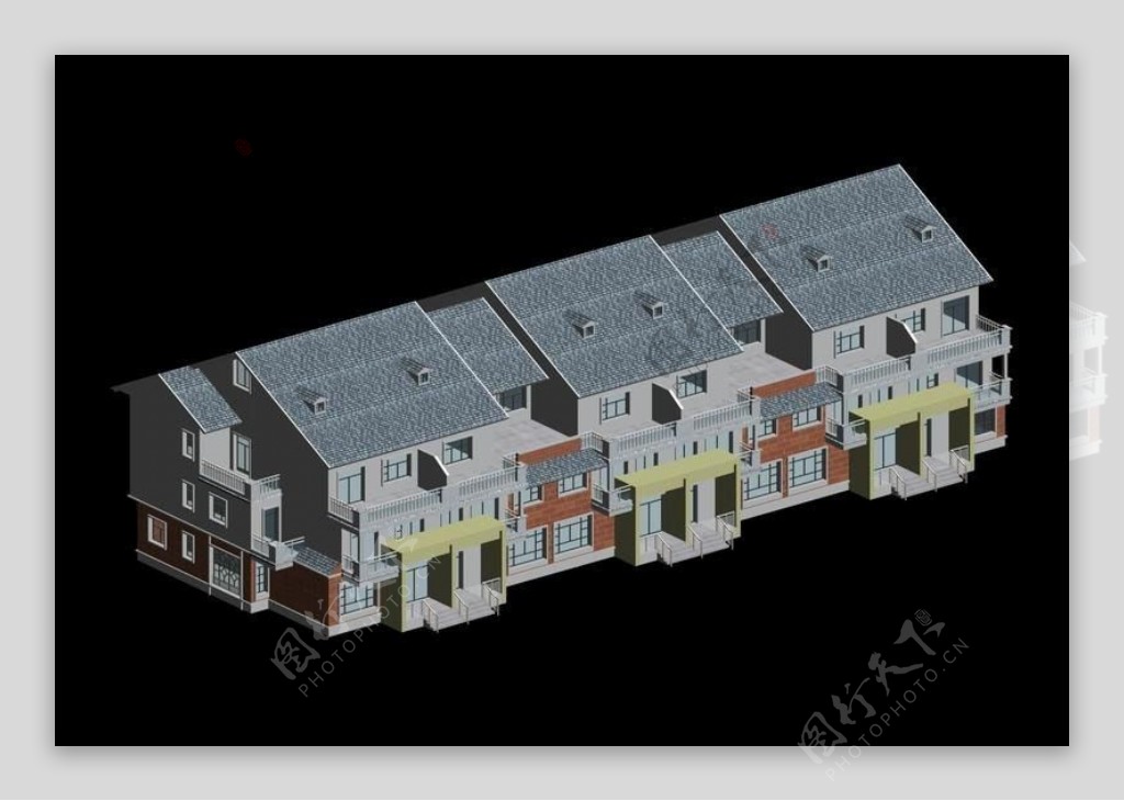 双面带小窗顶连排多层别墅建筑3d效果图