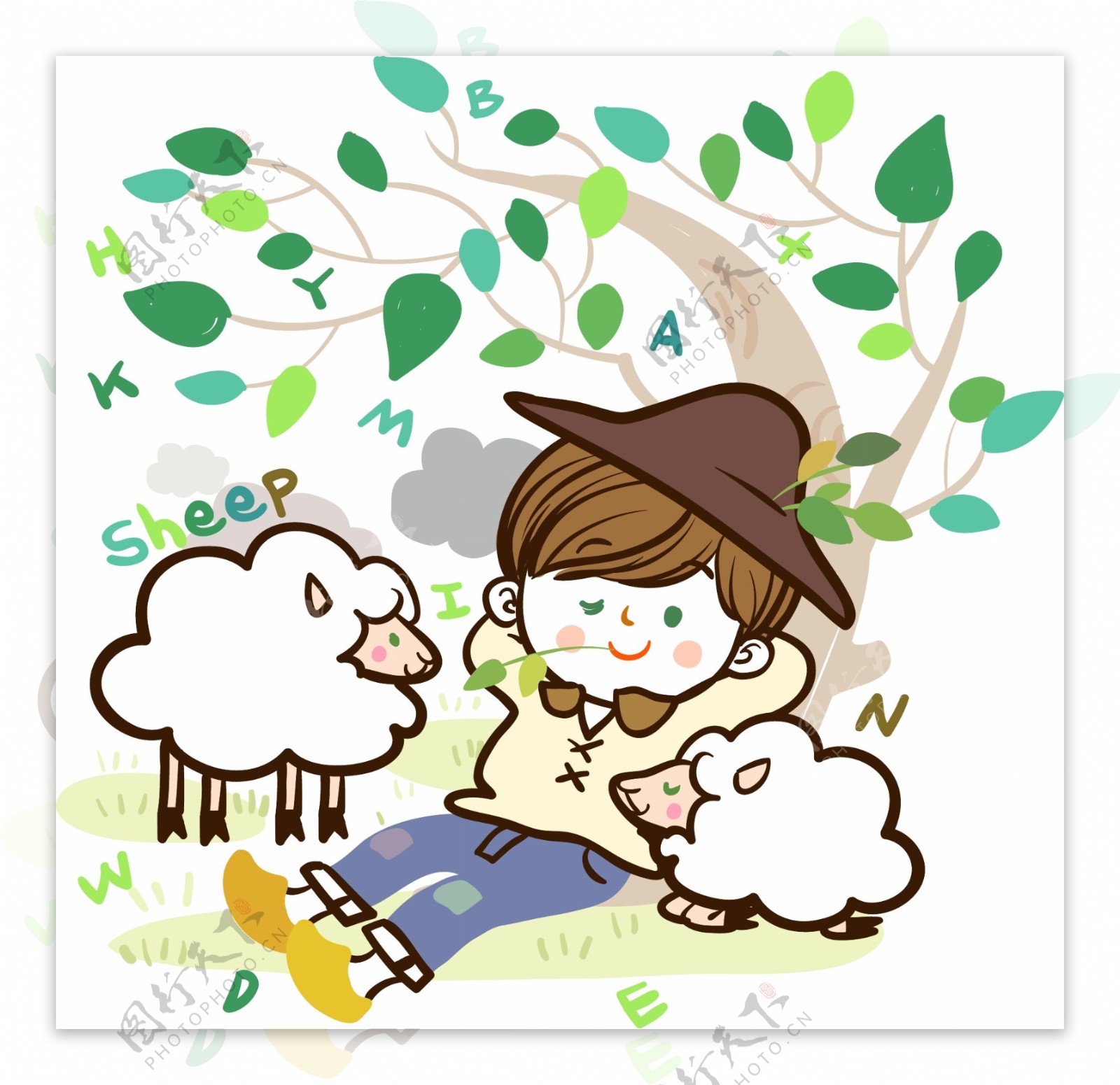 树下休息的放羊倌图片