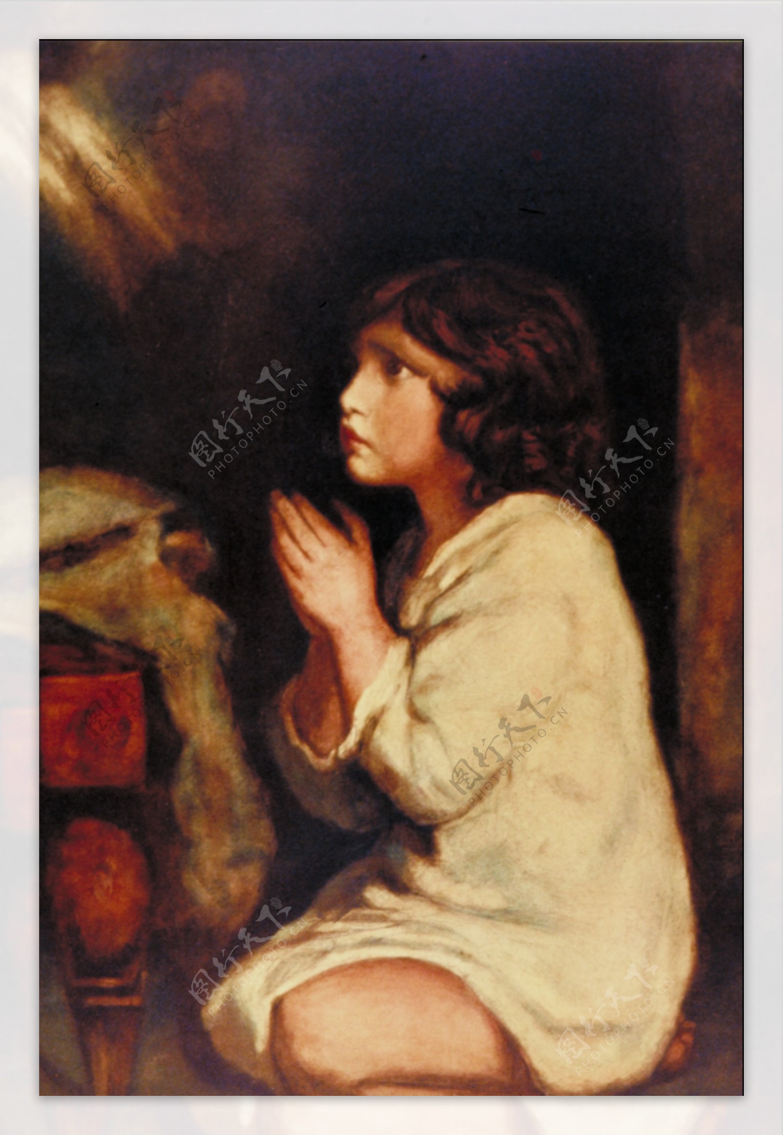 油画跪拜祈祷的小女孩图片