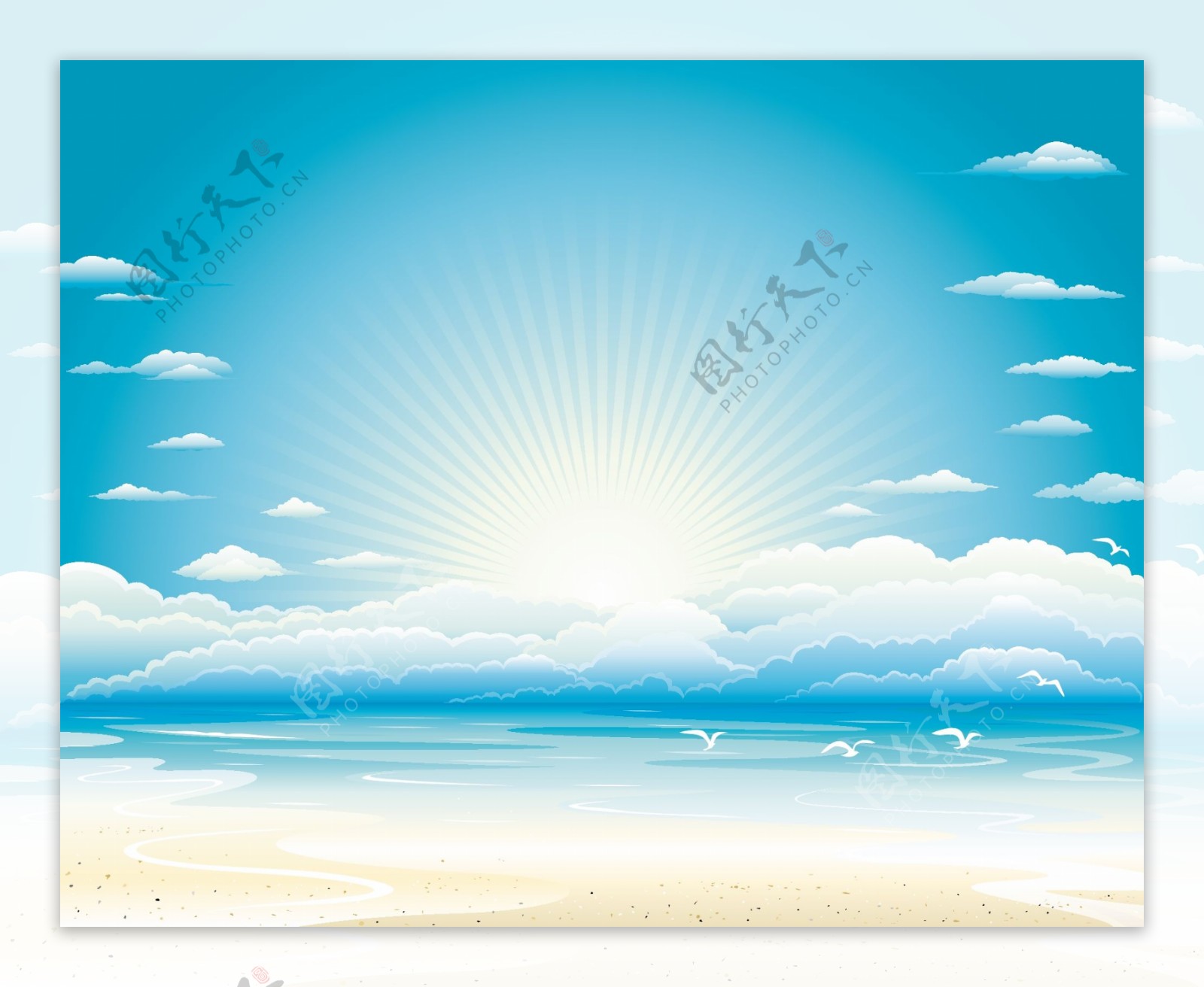 矢量风景漫画海滩蓝天白云图片