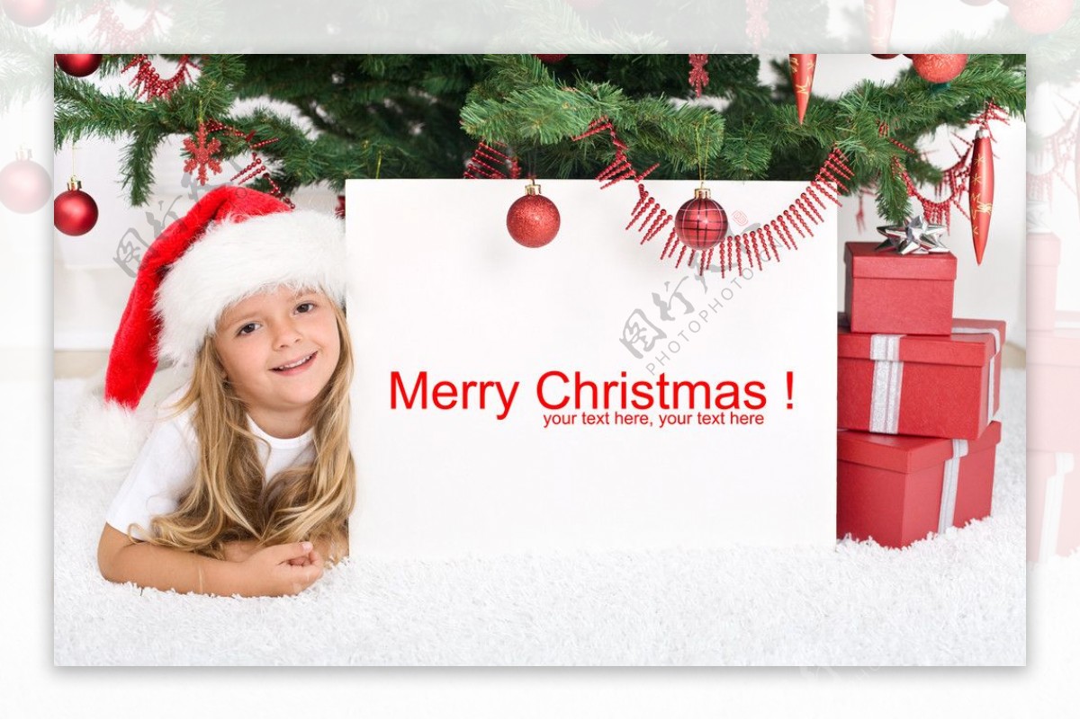 趴在广告牌边带圣诞帽的小女孩礼盒图片