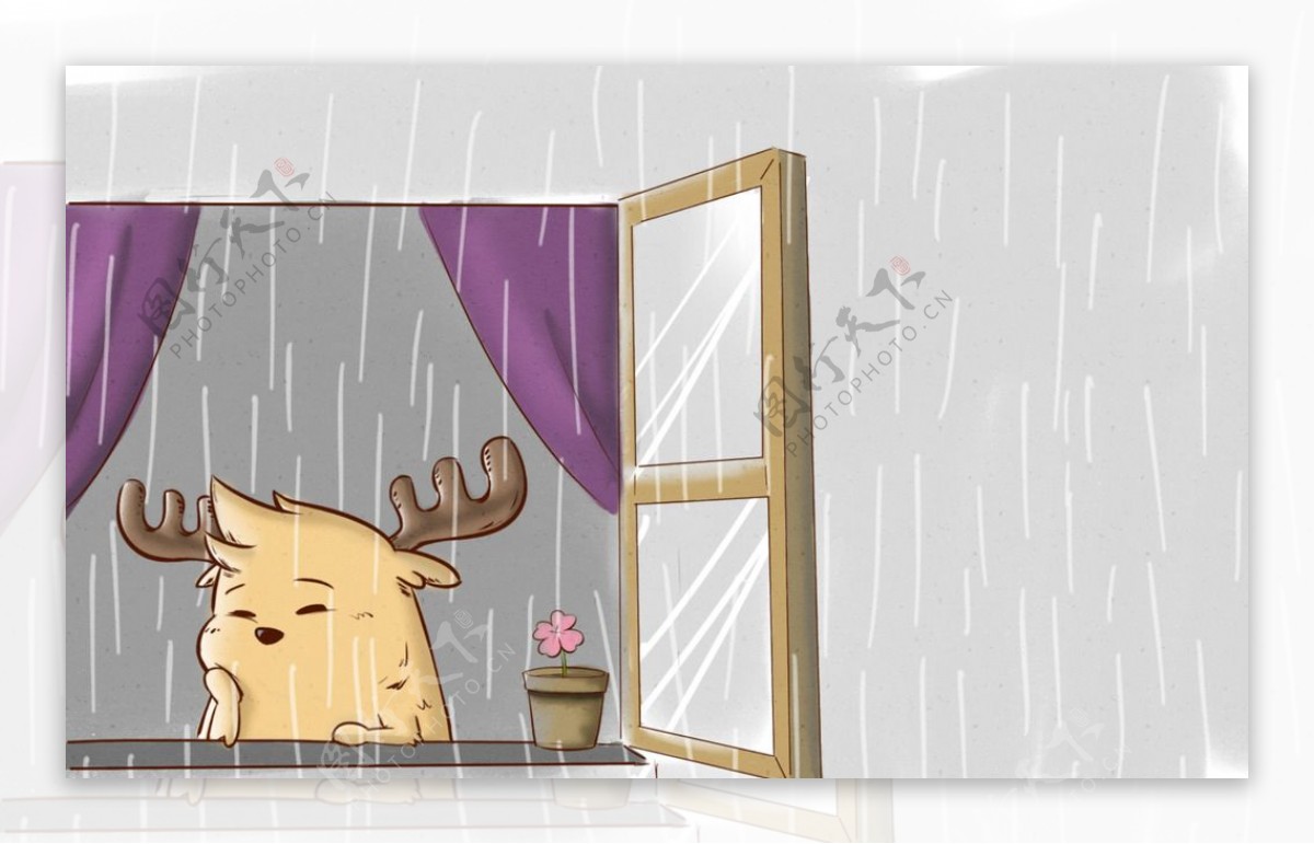 鹿小漫绘创意窗外之雨图片