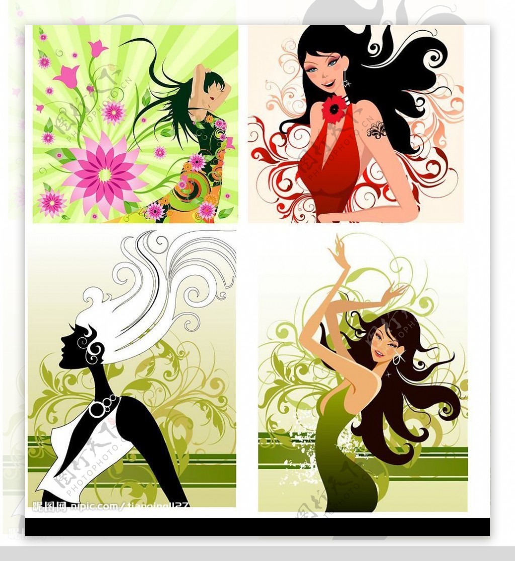 时尚女性与花纹插画矢量素材3图片