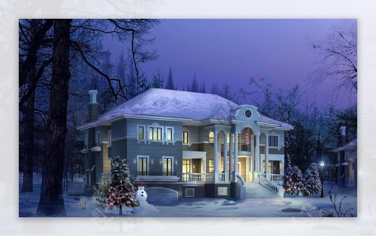 唯美圣诞雪地别墅图片