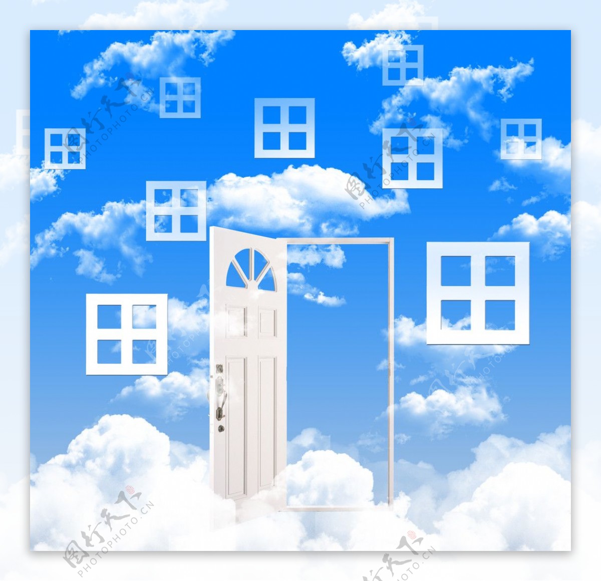 蓝天白云中的门和窗户图片