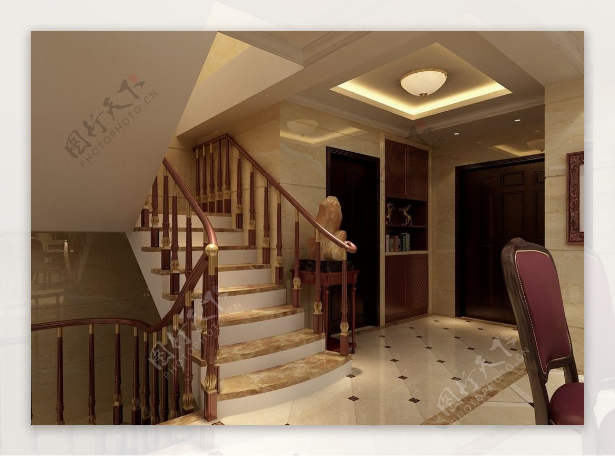 3D别墅楼梯过道效果图图片
