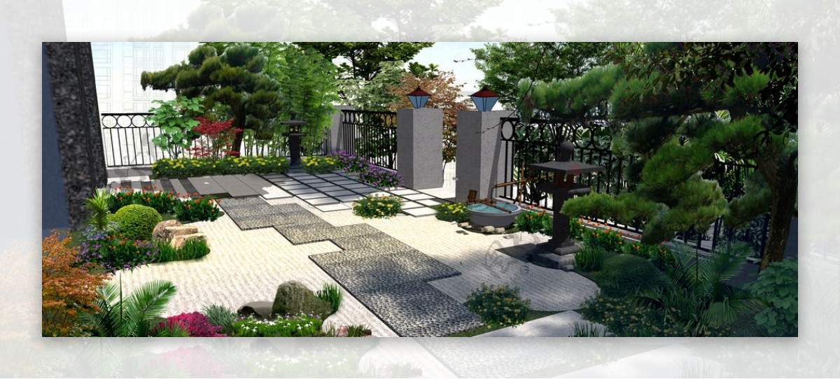 别墅庭院日式景观场景图片