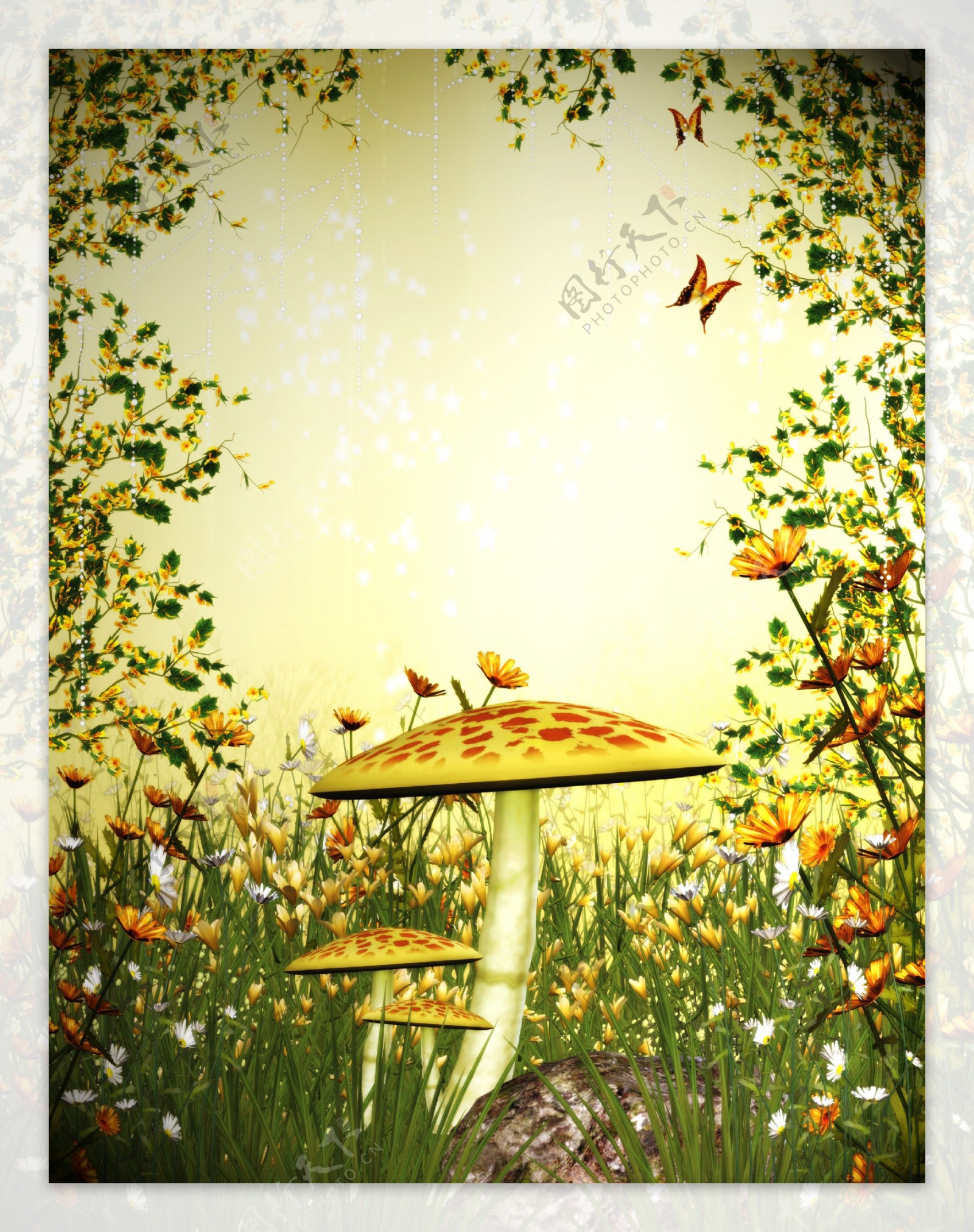 童话背景蘑菇蝴蝶花朵图片