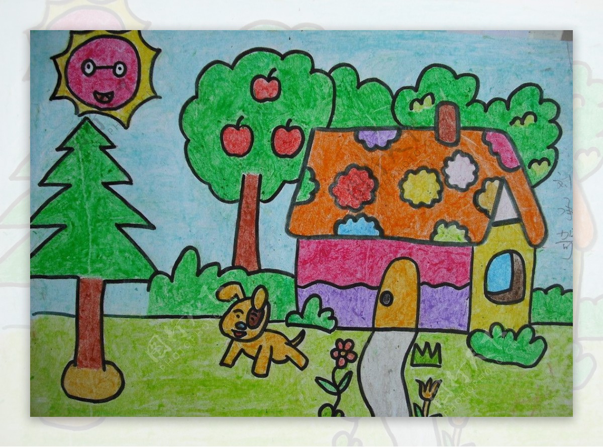 儿童蜡笔画房子图片