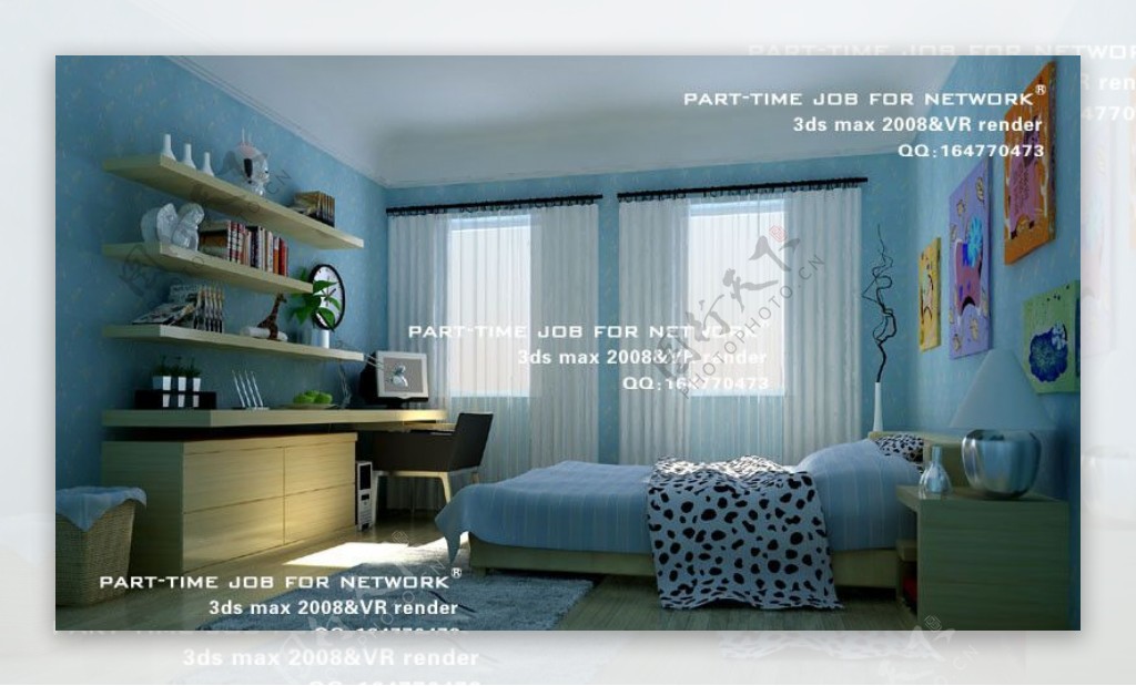 现代蓝调卧室3dsmax室内模型vray带全部贴图图片