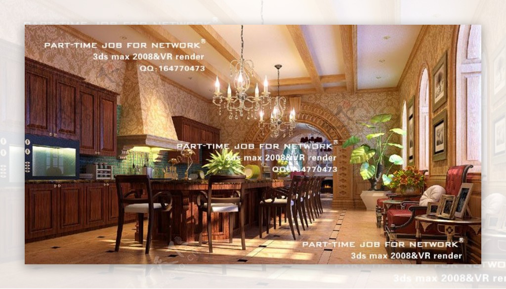 欧式厨房餐厅3dsmax室内模型vray带全部贴图图片