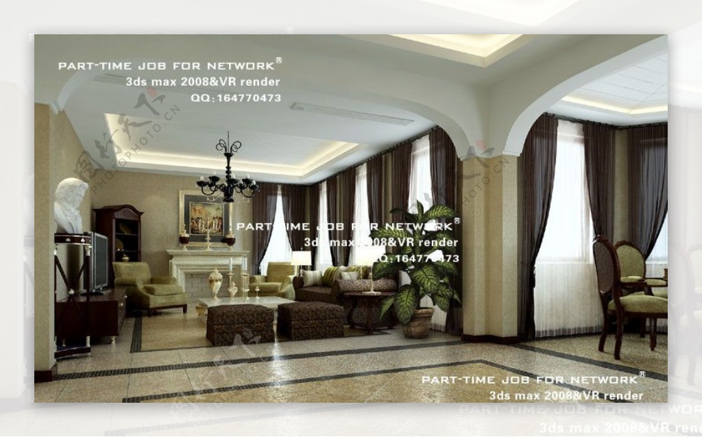 欧式客厅餐厅3dsmax室内设计模型vray带全部贴图图片