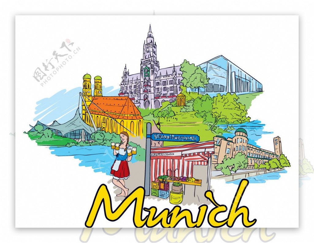 手绘德国慕尼黑旅游城市建筑图片