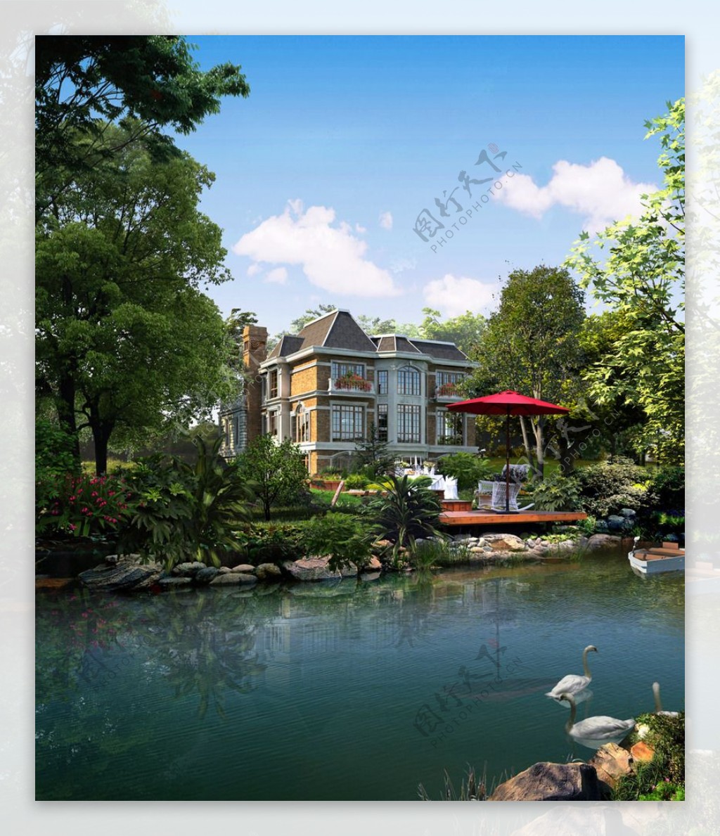 池塘边别墅景观设计图片