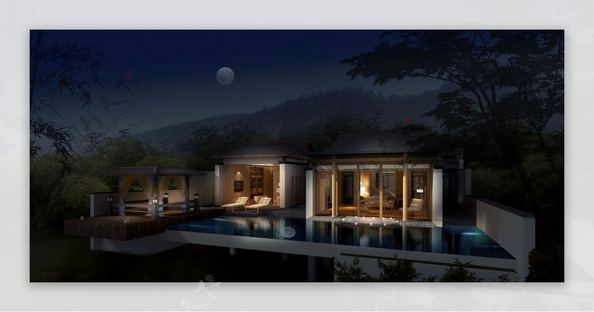 别墅游泳池夜景设计图片