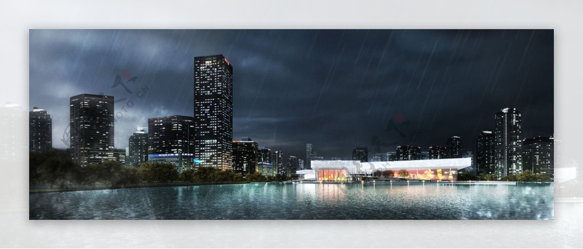 海边城市雨景设计图片