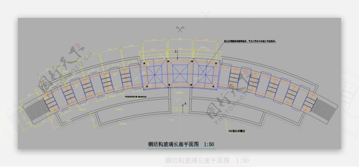 公园景观钢结构玻璃长廊平立面图片