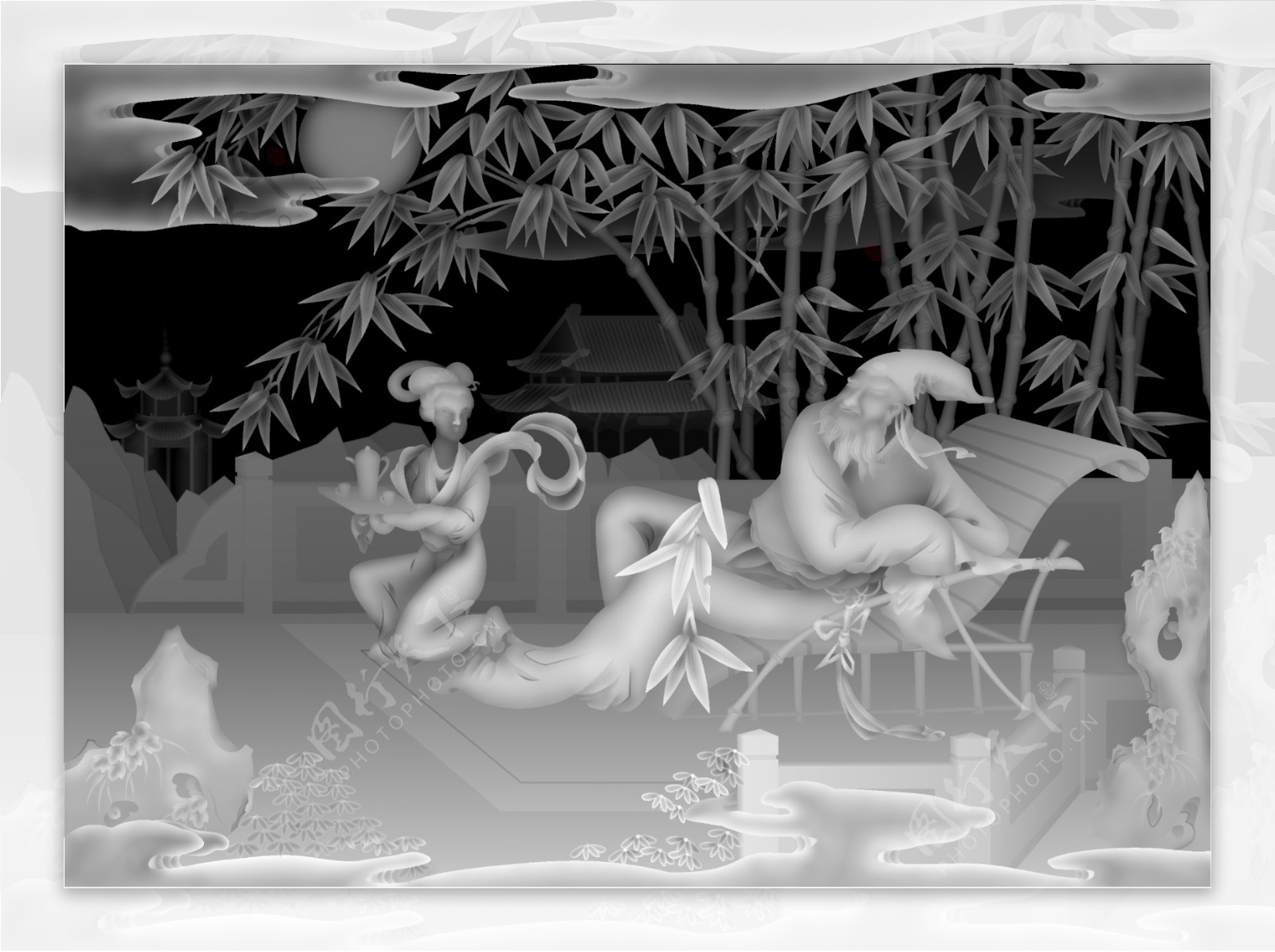 东坡竹子浮雕灰度图图片
