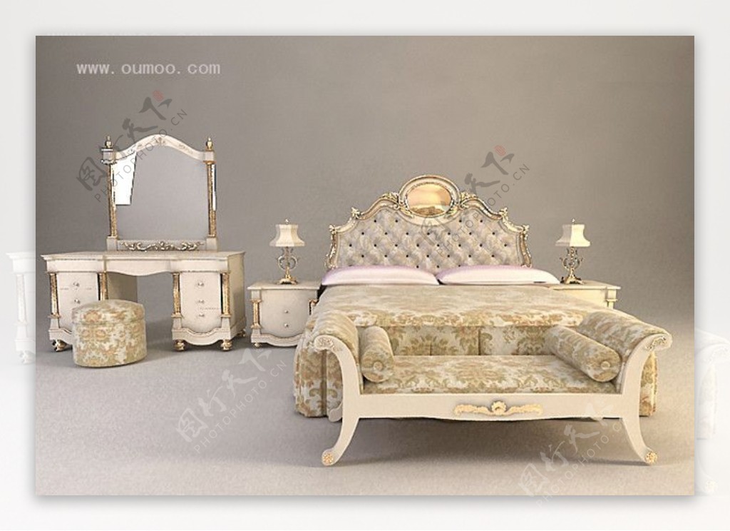 经典欧式床梳妆台模型图片