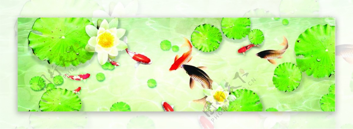 池塘鱼趣沙发背景装饰画挂画图片