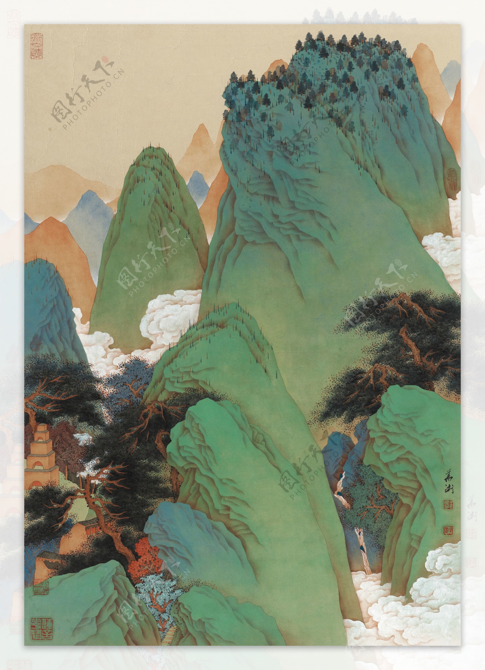 中国画青山绿水工笔重图片