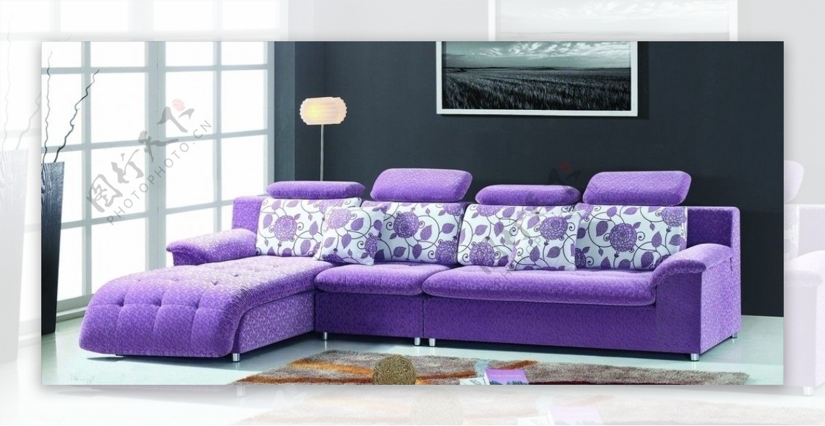 紫色布艺沙发图片