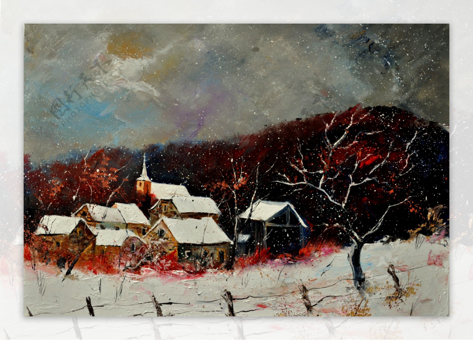 油画农场冬雪图片
