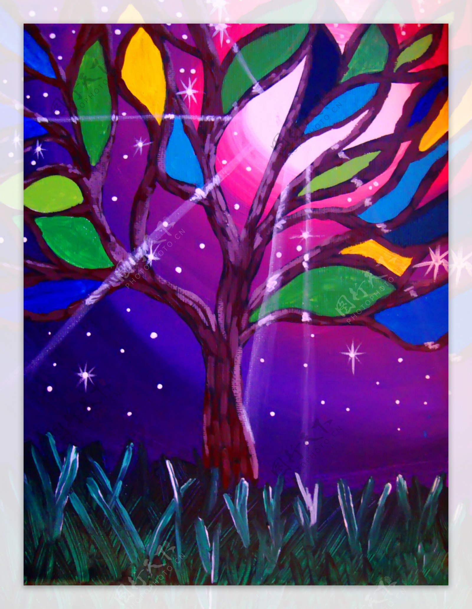 油画彩色玻璃树图片