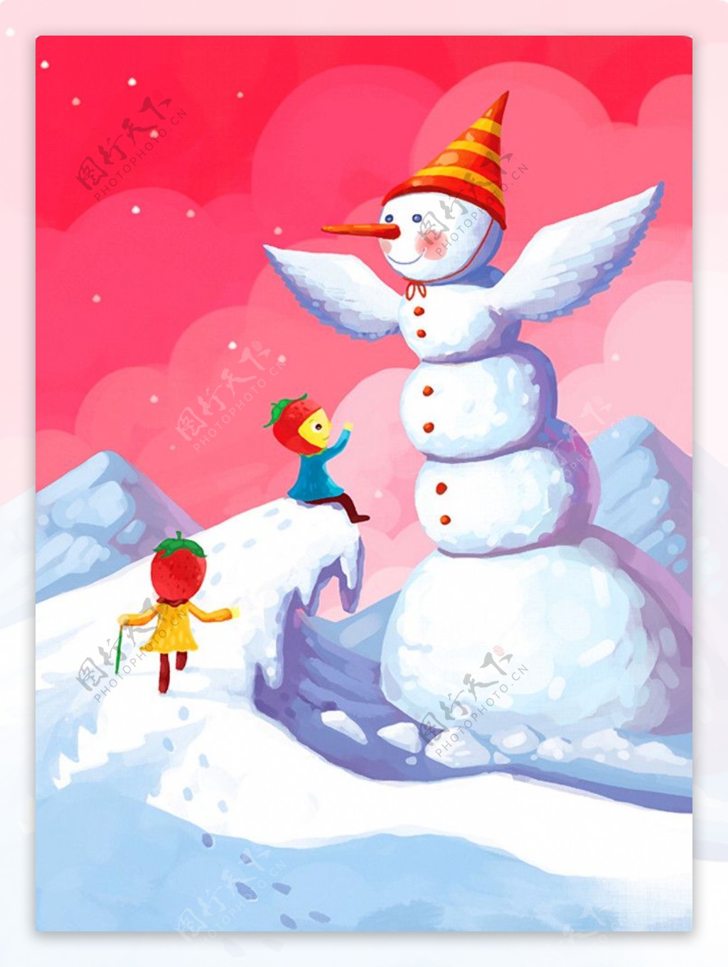 小清新手绘冬天孩子们在户外堆雪人插画图片-千库网