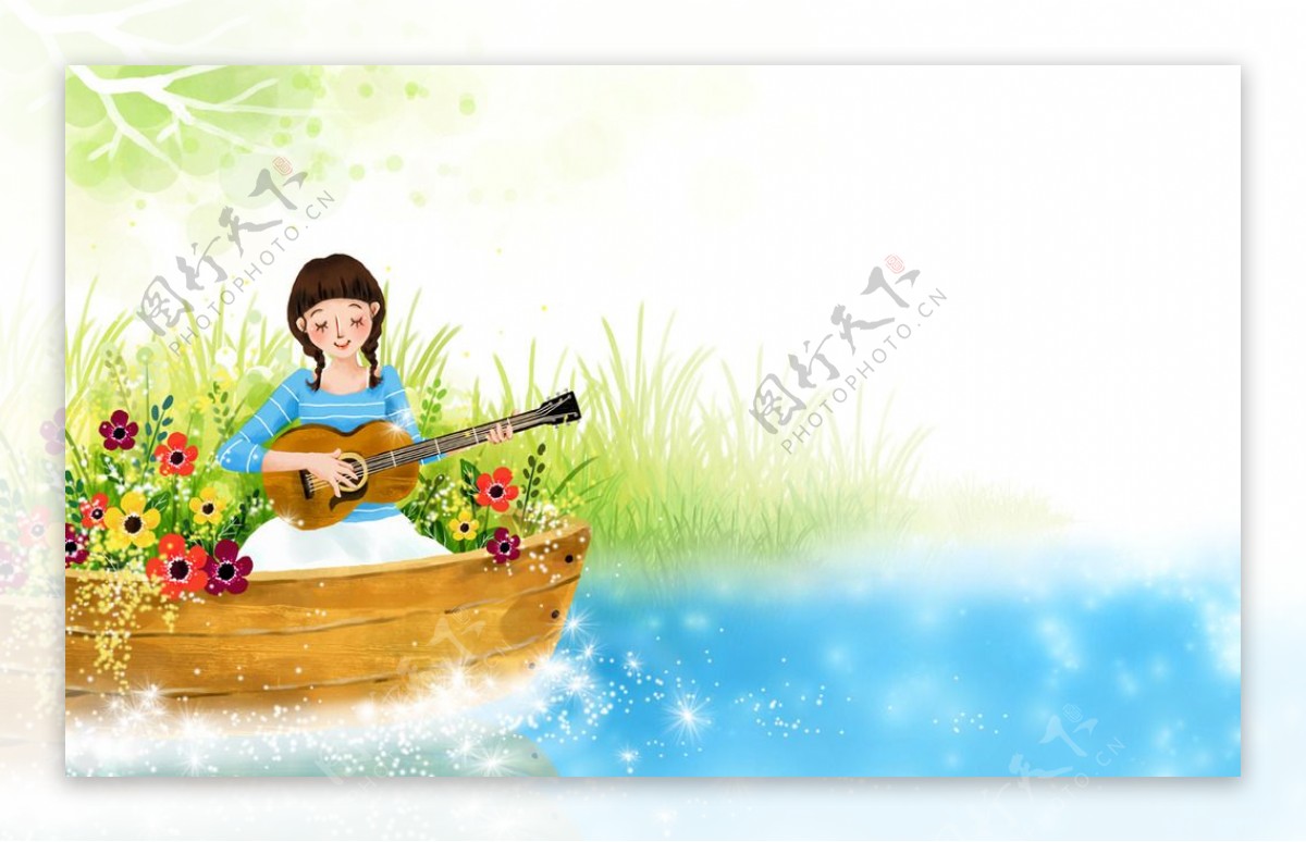 手绘弹吉他的女孩风景插画图片