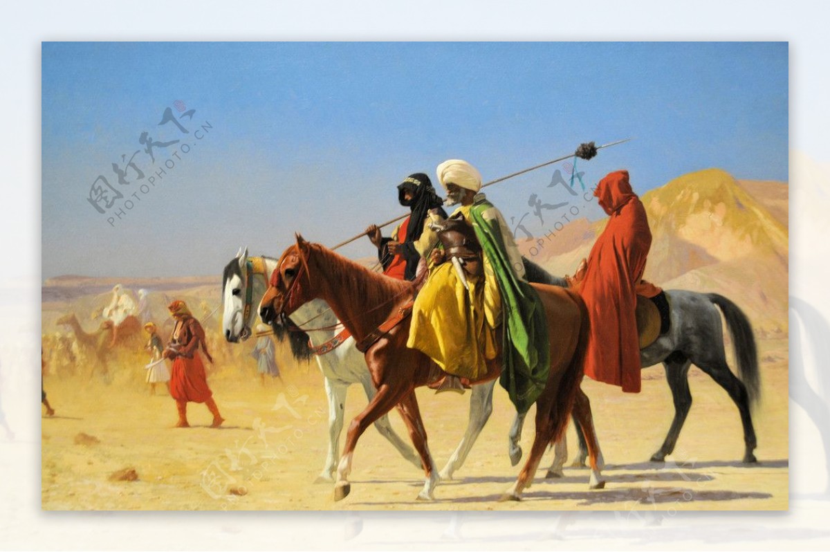 油畫杰羅姆阿拉伯人穿越沙漠图片