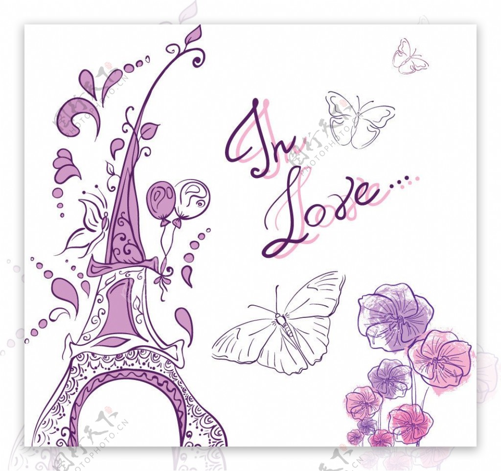 巴黎铁塔花朵蝴蝶图片