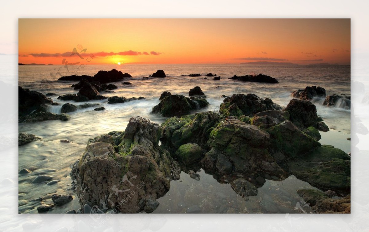 夕阳中的海边礁石图片