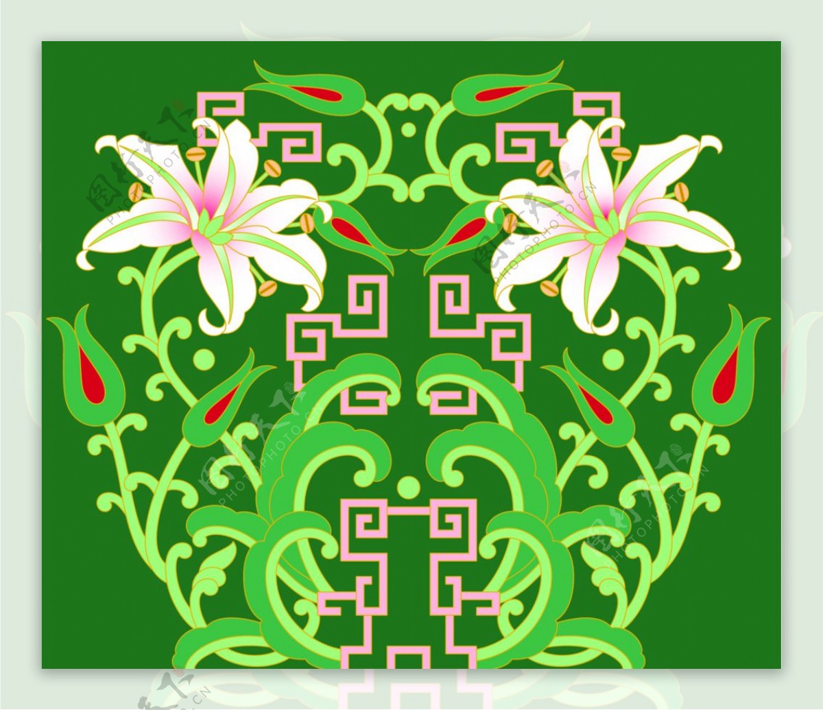 中式花纹绿色百合图片