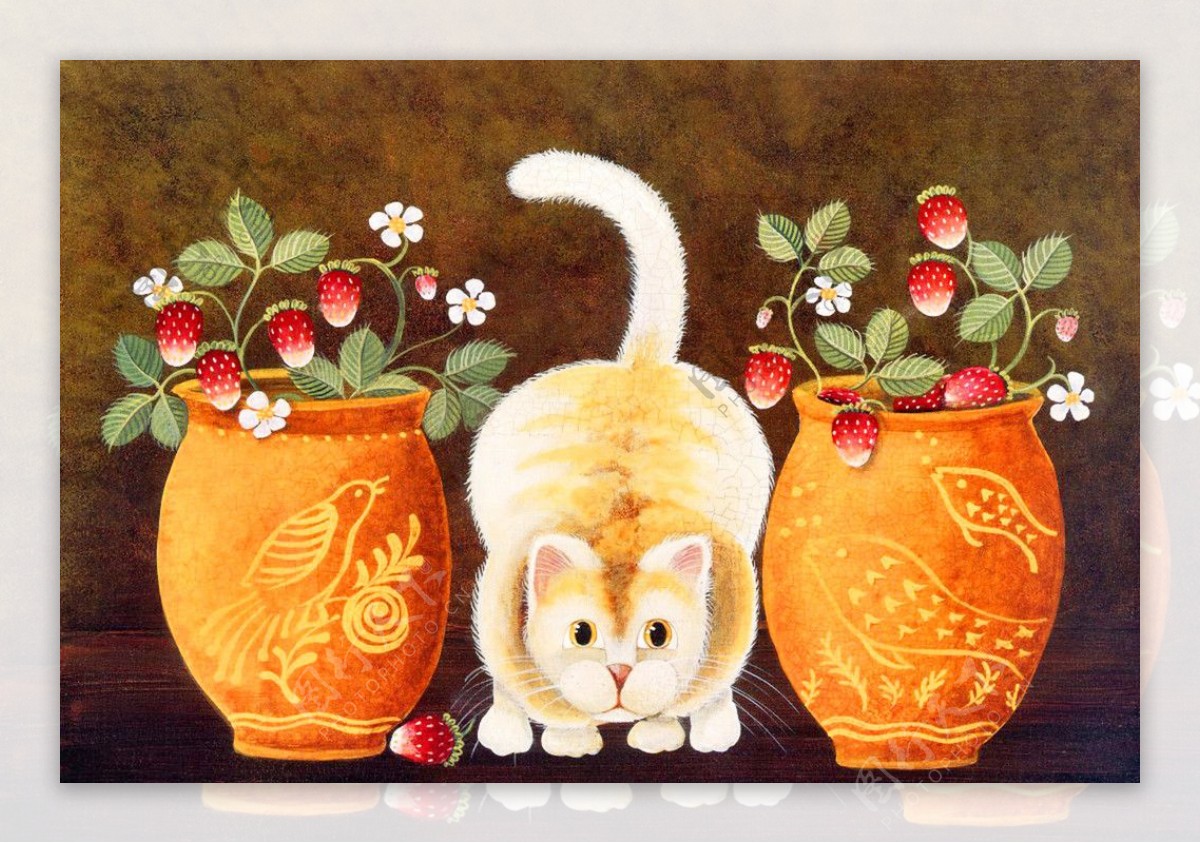 油画草莓与猫咪图片