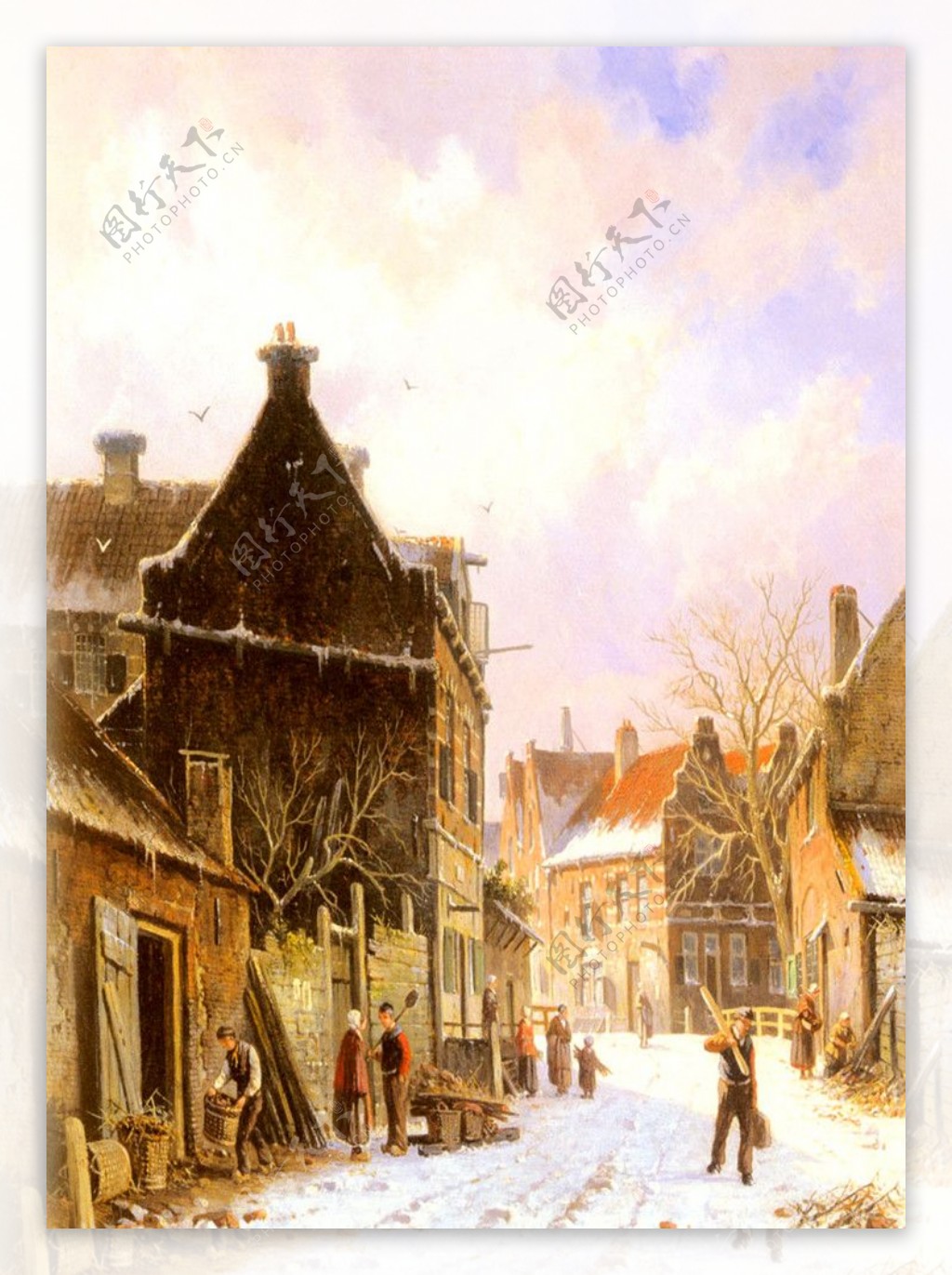 油画在冬季里街景图片