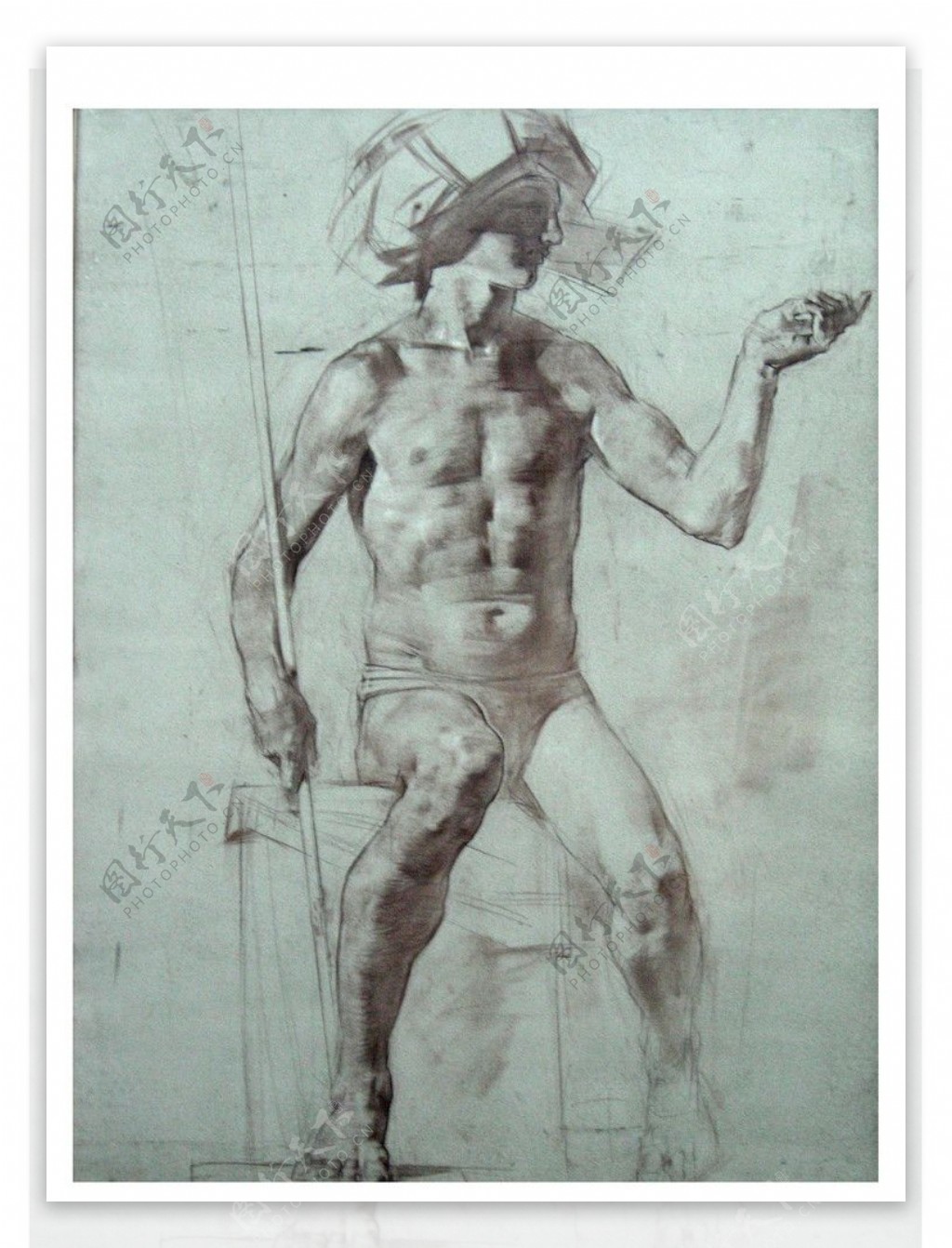 俄罗斯美术作品精品素描持棍坐姿男人图片