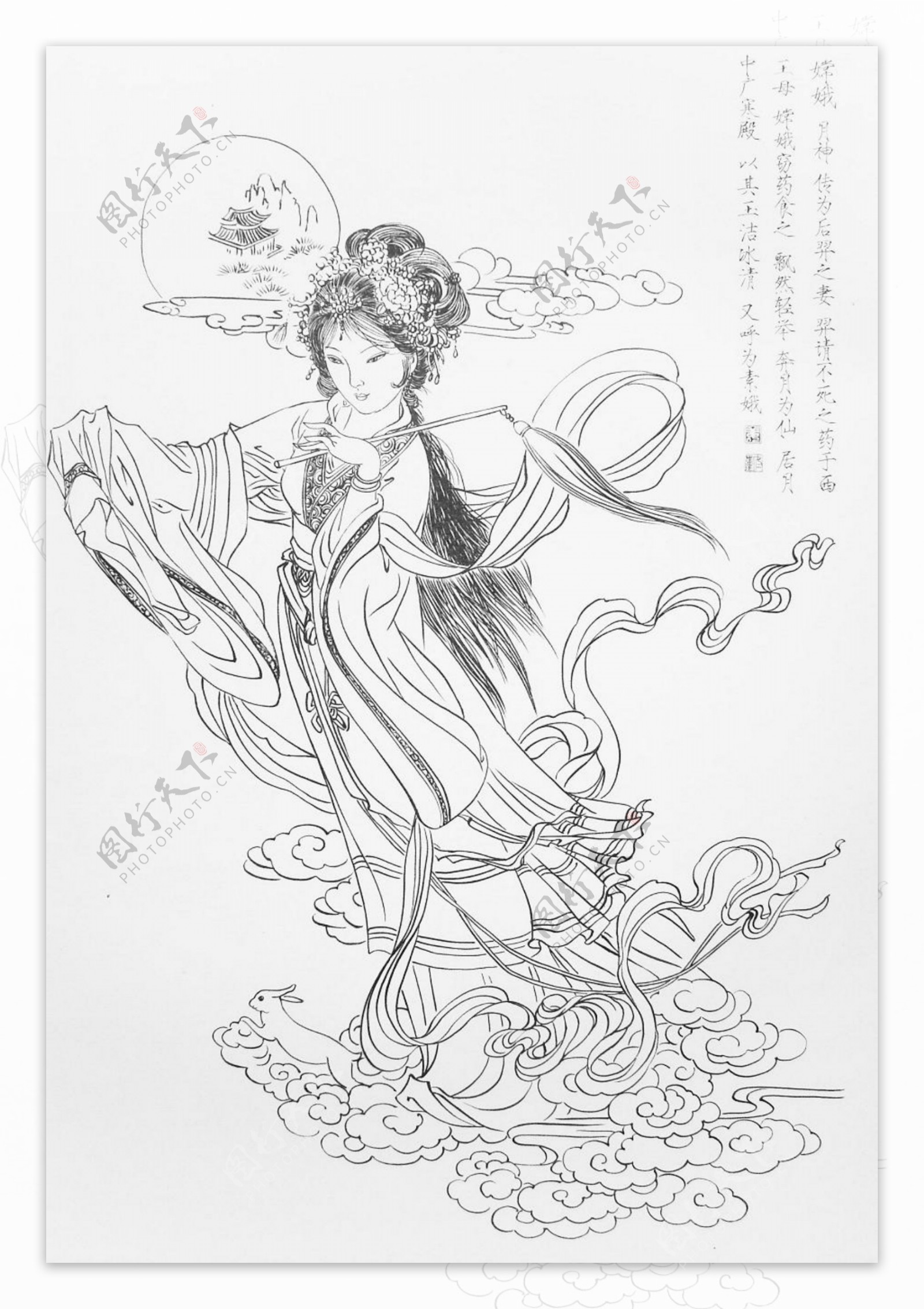 黑白线描工笔仕女图片