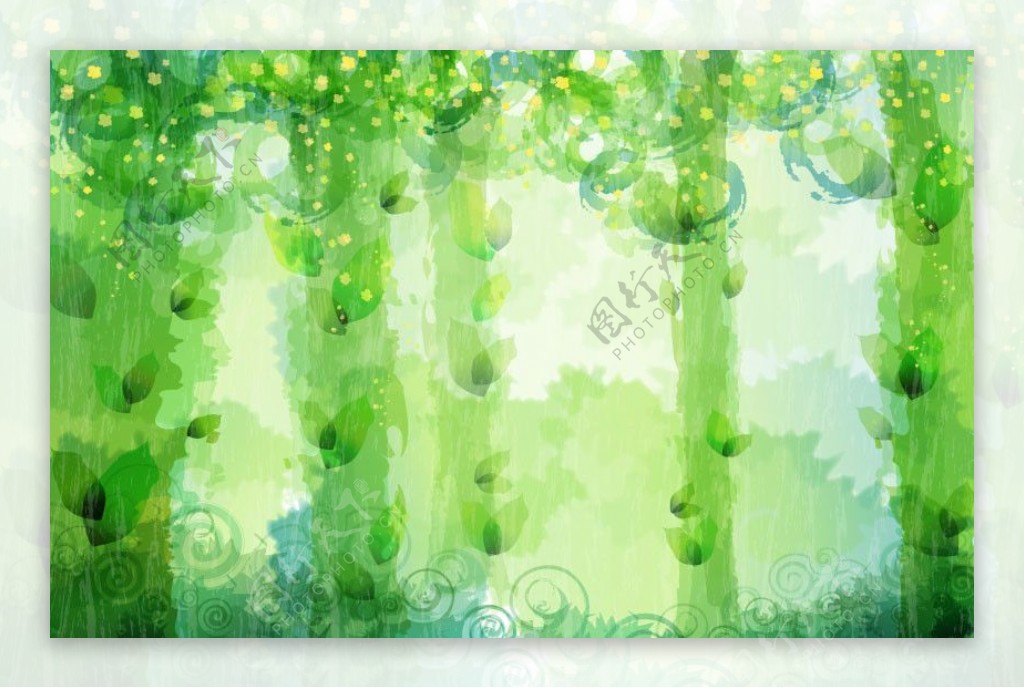 绿色墨迹水粉水彩大树落叶梦幻背景图片