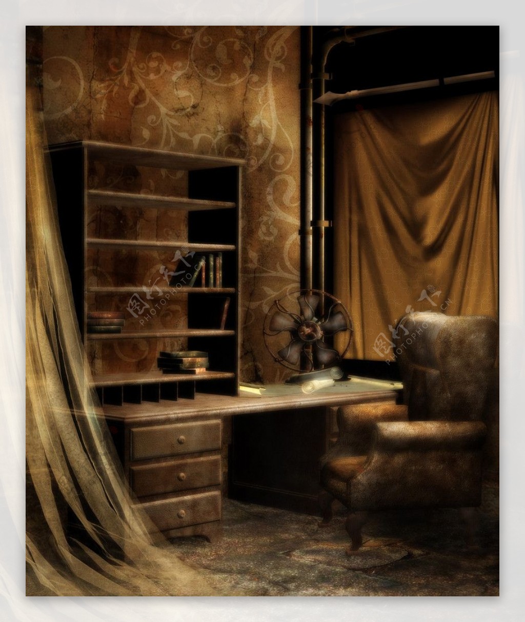 家具古典窗帘书架图片